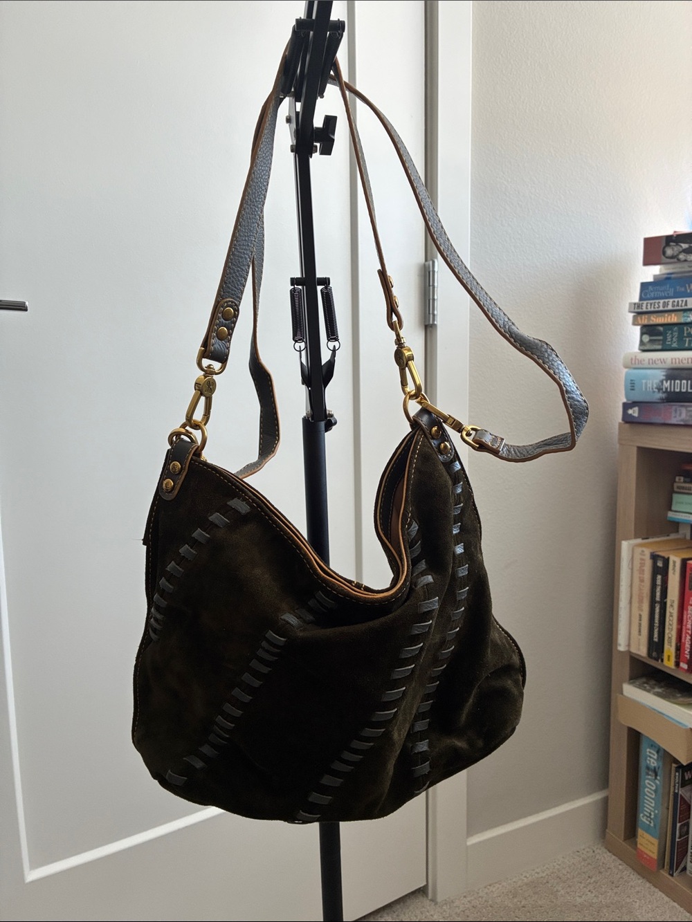 HOBO Dark Brown/Olive Suede Shoulder Hobo with Leather Trim